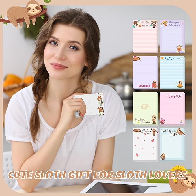 12 Pieces Sloth Sticky Notes 3x4 Inch Cute Cartoon Sloth Gifts Memo Notes for Animal Lovers Women Animal to Do List for Office Friends Lazy Day Holidays Gifts