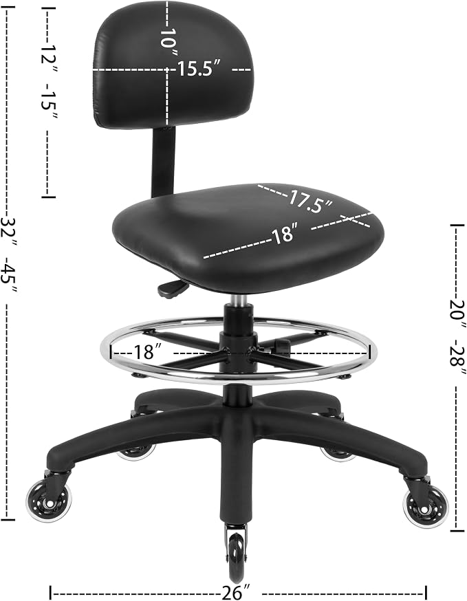 FSS Series Square seat (20"-28") seat Height Chair. Vinyl-for Office, Garage, Desk, Shop, Computer, Doctor, Medical, Easy to Clean! 18" Footring (Black, Mid Stool, Rubber Roller Casters)