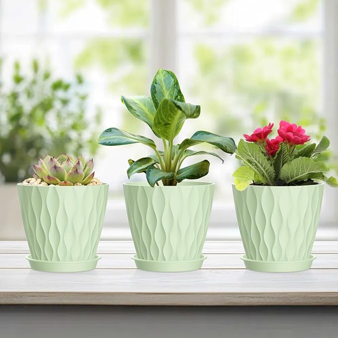 UOUZ 4 Inch Small Pots for Plants, 6 Pack Waffle Texture Small Plant Pots for Succulents, Plastic Planter with Drainage Holes and Saucers for Indoor Outdoor Plants, Flowers, Herbs, Seedlings, Green