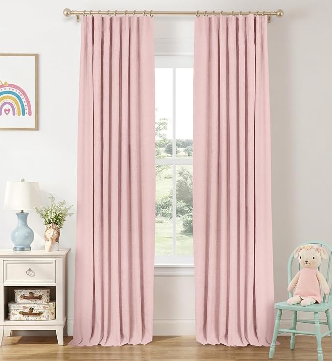 INOVADAY 100% Blackout Curtains for Bedroom, Black Out Curtains 96 Inch Long, Clip Rings Linen Blackout Drapes, Thermal Insulated Room Darkening for Living Room, 2 Panels - Baby Pink,W50xL96