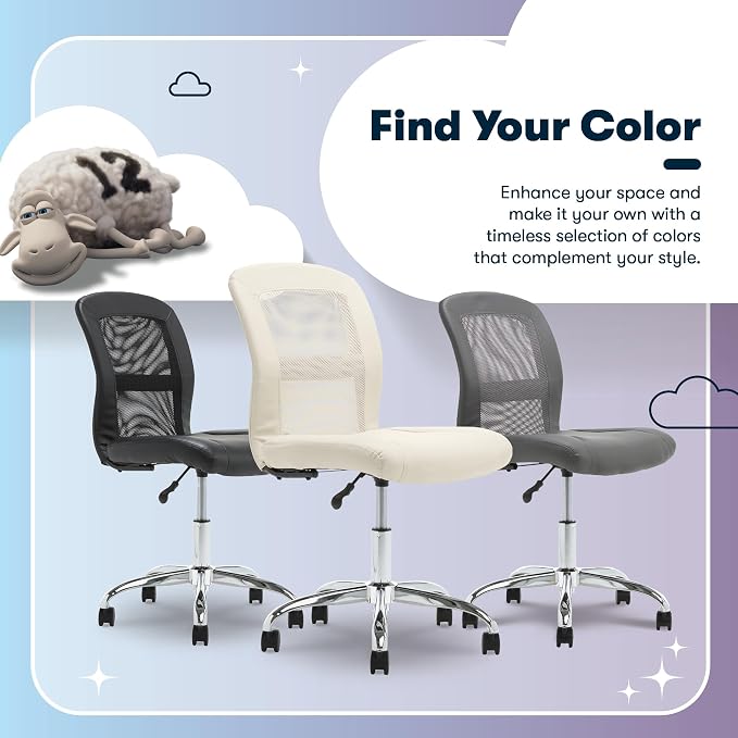 Serta Armless Small Home Desk Chair with Wheel, Ergonomic Mesh Office Chair | Leather and Foam Cusioned Seat, Adjustable Height, Small Vanity Chair for Bedroom and Small Spaces, 360° Swivels, Cream White