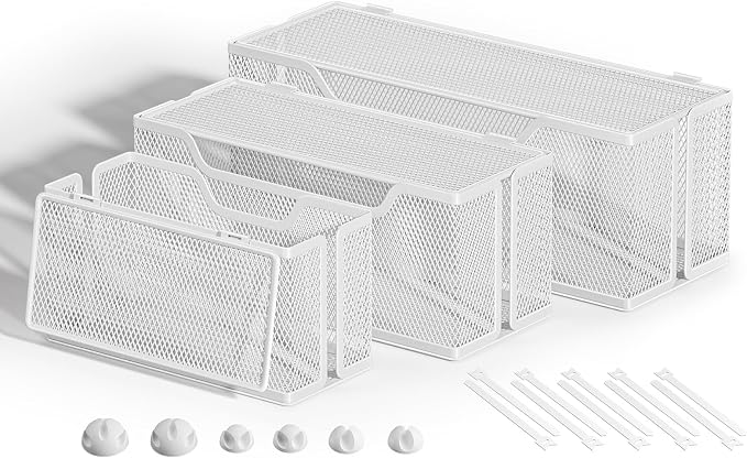 3 Pack Cable Management Box, Metal Mesh Cord Organizer Box for TV Wires, Electrical Hiding, Power Strip – Under Desk Cable Storage Box with Cable Clips&Reusable Cable Ties for HomeOffice - White