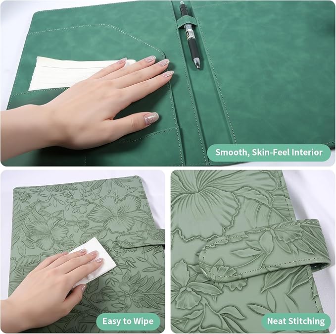 Professional Portfolio Binder, Faux Leather Portfolio Folder Binder, Legal Pad Holder for A4 Letter Size Notepad, Resume, Writing Pad, Ideal Organizer for Business Office Conference, (Green)
