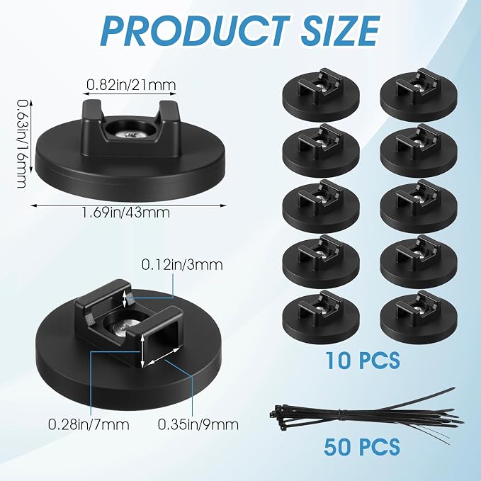 60 Pieces Magnetic Zip Tie Mount, Multipurpose Cable Holder, Magnets Magnetic Wire Management Bases with Heavy Duty Zip, Mount Nylon Cable Ties in Total (43 mm)