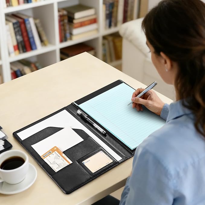 Padfolio Portfolio Folder,Faux Leather Legal Pad Holder,Interview Resume Folder with Document Organizer & Business Card Holder,Letter-Sized Notepad Holder (Black)