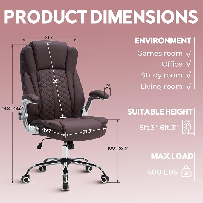 400lbs Executive Office Chair with Flip-Up Armrests, Big and Tall Computer Chair for Heavy People, Heavy Duty Ergonomic Comfy Chair, Breathable PU Leather (Darkbrown)