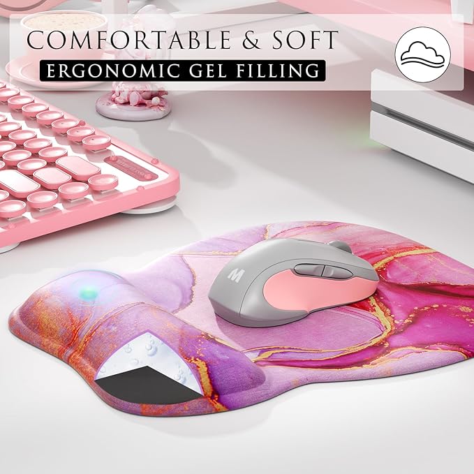 MROCO Ergonomic Mouse Pad with Gel Wrist Rest, Smooth Wrist Support Surface, Non-Slip PU Base for Pain Relief, Comfortable Mousepad for Computer, Laptop, Office & Home, 9.4 x 8.1 in, Pink Marble