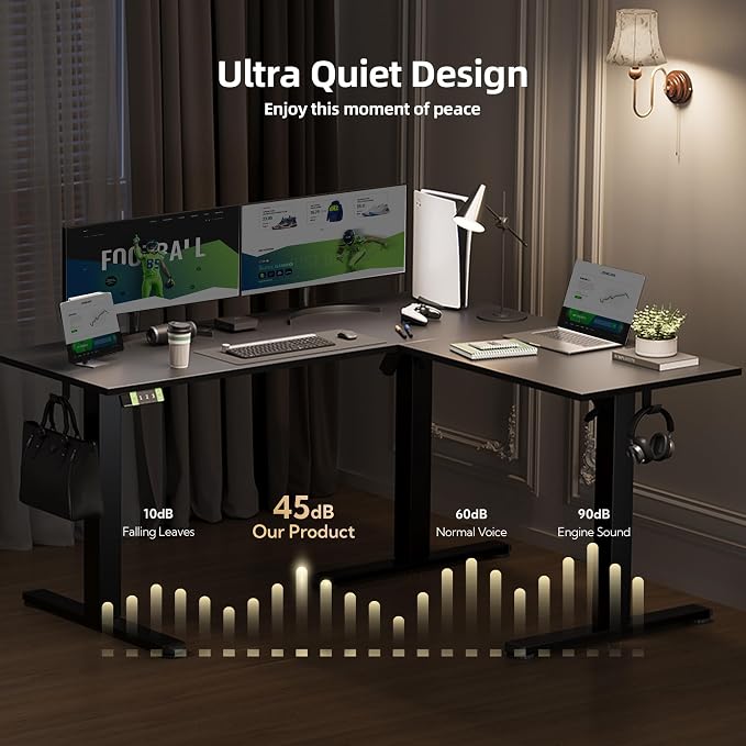 Claiks L-Shaped Electric Standing Desk with Dual Motors, 59 x 51 Inch Black | Spacious desktop, 28.3 to 46.5 inch height range, 176 lbs capacity, memory presets, headphone hook