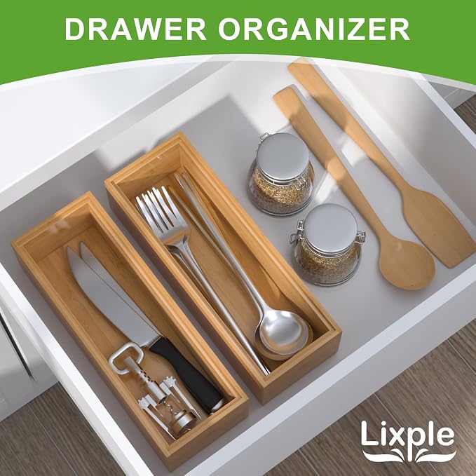 Lixple Bamboo Drawer Organizer – Set of 2 Stackable Storage Boxes, Silverware Tray & Small Gadget Holder for Kitchen Drawers, 9" x 3" x 2" (Outer), 8.3" x 2.3" x 1.77" (Inner)