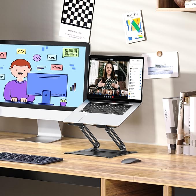 Urmust Aluminum Laptop Stand, Portable Laptop Riser, Adjustable Laptop Stand for Desk Foldable, Ergonomic Computer Notebook Holder for MacBook Air Pro HP, Office Desk (10-15.6'')- Black