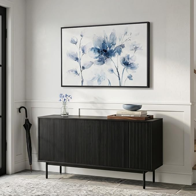 Framed Blue Floral Wall Art for Bedroom, Modern Botanical Canvas Painting Prints, Natural Minimalist Pastel Watercolor Elegant Flower Pictures for Living Room Dining Room Office Wall Decor, 24x36 Inch