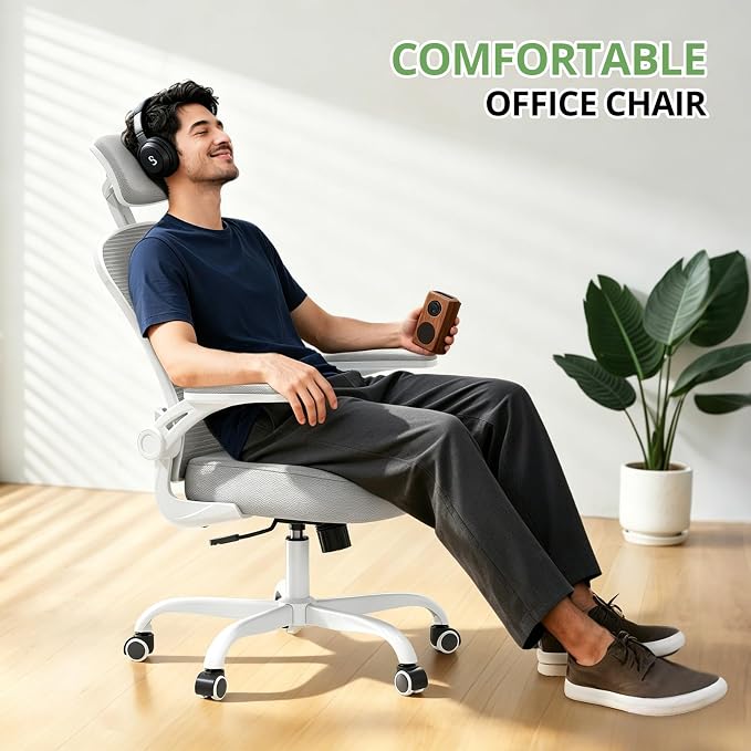 Synorla Office Chair Ergonomic Desk Chair, 330LBS Capacity, High Back Computer Design for Long Hours Comfort, Rolling Swivel for Home Office, Flip-up Armrests, White+Grey