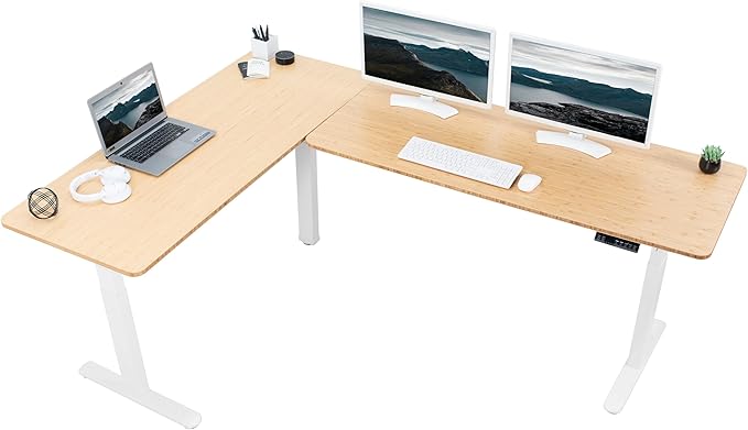 VIVO Electric Height Adjustable 83 x 60 inch Corner Stand Up Desk, 2 Solid Bamboo Table Tops, White Frame, Memory Controller, L-Shaped Workstation, 3E Series, DESK-KIT-3E8WO
