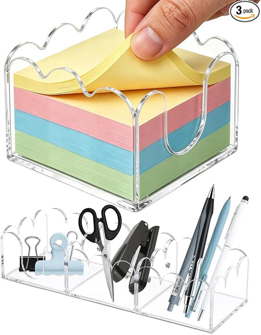 3Pcs Scalloped Acrylic Sticky Note Holder,Clear Sticky Notes Dispenser 3x3 Thick Post it Notes Memo Pad Holder Non-Slip Desk Organizer for Office Home School Dorm Desktop
