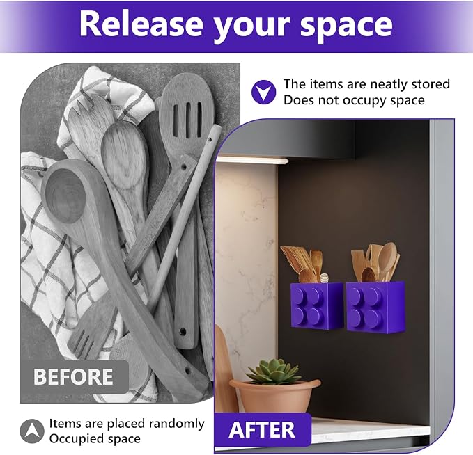 Magnetic Basket Organizer for Fridge - Lego-Style ABS Plastic Storage Box,No Drill Design for Kitchen Counter, Microwave & Whiteboard, Holds Up to 3.5 lbs (deep purple)