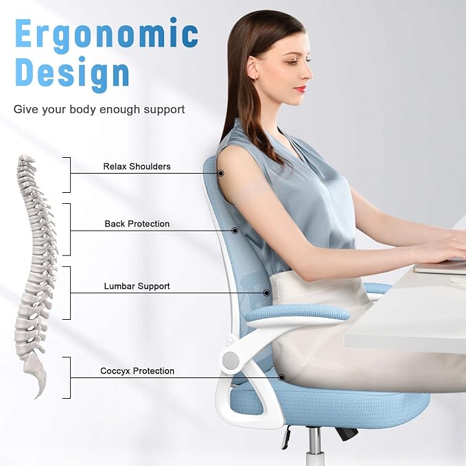 naspaluro Home Office Desk Chair Mid Back with Adjustable Height Blue | Comfy Ergonomic Chair with Flip-Up Arm and Lumbar Support, Breathable Mesh Swivel Computer Chair for Study Working Teacher