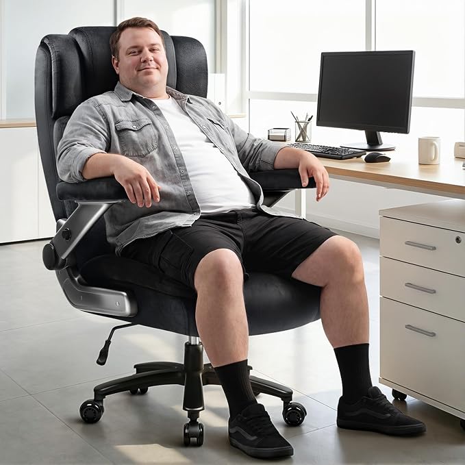 Fabric 700LBS Large Heavy Duty Office Chair with 5D Flip Arms, Big and Tall Cloth Office Chair,High Back Computer Executive Desk Chair with Adjustable Lumbar Support,Dual Rubber Wheel(Black)