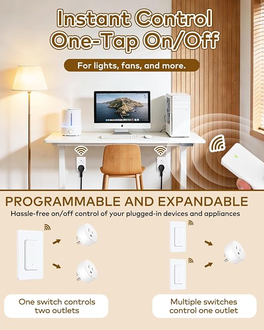 NineLeaf Wireless Remote Control Outlet Plug Kit, 5 Plug-in Light Switches with 2 Wall Remotes, 15A/1500W, No Wiring Needed, 500ft RF Range, Remote Light Switch for Lamps & Household Appliances