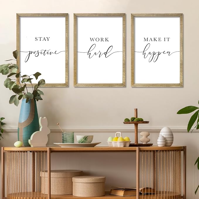 RLWangChao Inspirational Quotes Wall Art Decor 11"X16" 3 Piece Modren Office Stay Positive Work Hard Make It Happen Motivational Wood Framed Sign Living Room Positive Wall Hanging Decoration (Wood)