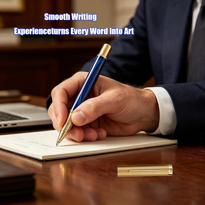 Luxury Rollerball Pen with Gold Trim, Elegant Resin Writing Instrument, Fine Point Black Ink Refill, Business Signature Pen with Metal Gift Box for Executive, Men, Women (Glacier Blue)