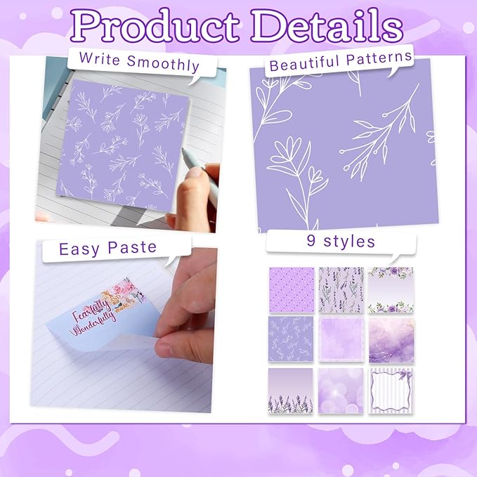 Aesthetic Sticky Notes Gifts, 9 Pack Purple Aesthetic Notepads 3x3 Inch Gifts for Coworkers Students, Vintage Pastel Memo Pads Office School Supplies for Men Women (450 Sheets)