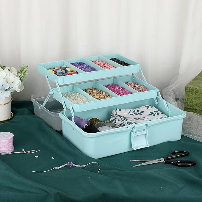 BTSKY 3-Layer Plastic Dividing Storage Box Craft Organizer and Storage | Portable Handled Art Supply Organizer with Adjustable Spacers Multipurpose Home Utility Box for Medicine Sewing(Blue)