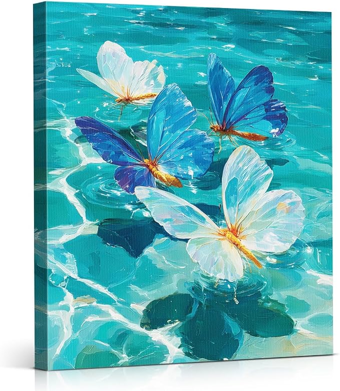 Coastal Ocean Butterfly Wall Art Decor Blue Beach Sea Picture Painting Artwork Blue Butterflies Wall Decor for Home Beach Room Bedroom 8x10 Canvas Framed