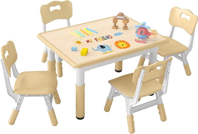 DOREROOM Adjustable Kids Table & 4 Chairs Set, 31.5" L x 23.6" W, Beige-W | Graffiti Desktop,Table Supports 300 lbs,Toddler Ages 2-8，FSC-certified, Children Activity Table for Daycare, Classroom, Home