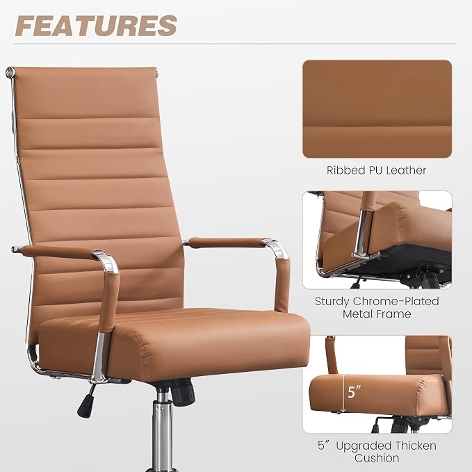JOMEED Office Desk Chair,Conference Room Chair,High Back PU Leather Swivel | Modern Executive Ribbed Design, Ergonomic, Height Adjustable, Wheels and Arms, for Home Office(Brown-Silver Frame)