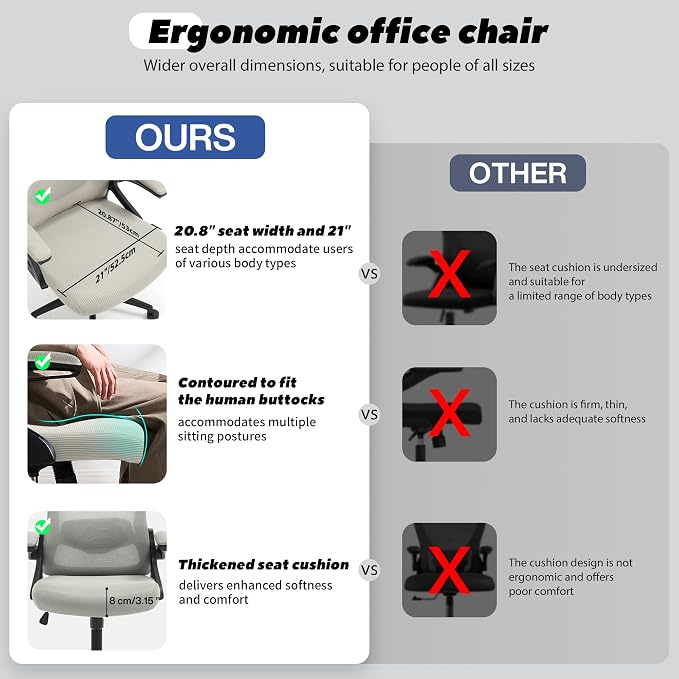 Fizzin Ergonomic Office Chair, 400 LBS Computer Chairs with Adjustable Lumbar Support, Breathable Mesh Desk Chair Ergonomic with Thickened Cushion, Comfy Home Office Desk Chair (Dark Gray)
