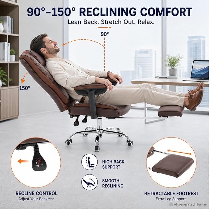 Big and Tall Office Chair，Heavy Duty Wide Executive Office Chair (Brown) | Breathable Leather，Double-layered Backrest，Seat Cushion Designed of Deluxe Embroidery Leather，Foot Rest, Adjustable Armrests
