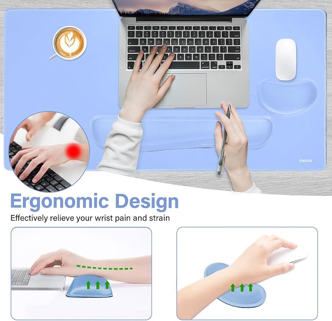 MOSISO Keyboard Mouse Pad Set, Gaming Mouse Pad&Keyboard Wrist Rest&Wrist Rest, Ergonomic Wristrests with Memory Foam Home Office Easy Typing Cushion Non-Slip Mousepad, Air Blue