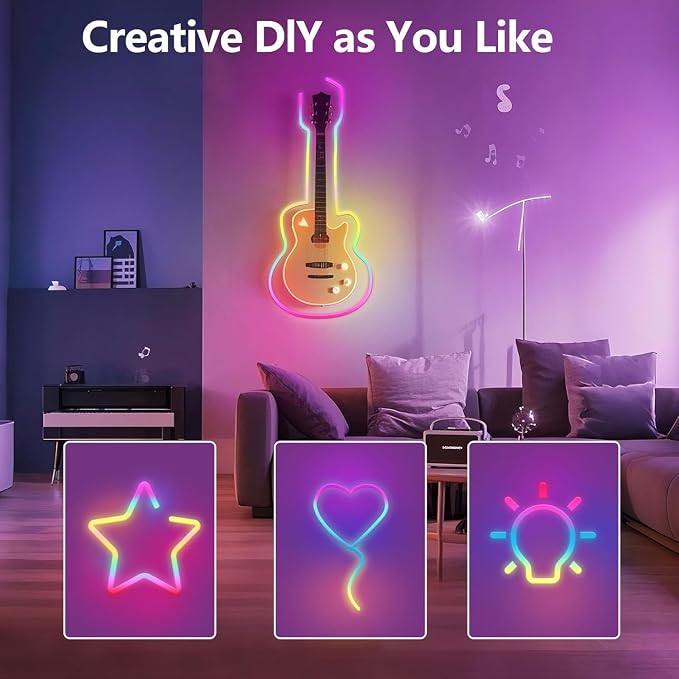 RGBIC Neon Rope Lights, Smart LED Neon Rope Lights with Remote APP Control，Music Sync, Custom DIY Neon Strip Lights for Gaming Room and Wall Decor, Secure Mounting Clips, 6.6ft