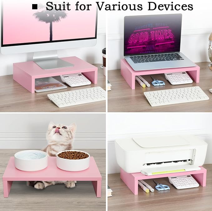 TEAMIX Pink Monitor Stand Riser - 2 PackS, Wood | Dual Stand for 2 monitors. Holds 80 lbs, Stack or Separate Adjustable Use, Fits laptop, TV, PC. For Home Office, Gaming
