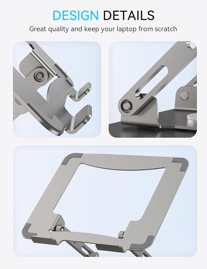 SOUNDANCE 360 Rotating Laptop Stand, Ergonomic Computer Riser for Desk, Adjustable Height Multi-Angle Metal Holder, Foldable Portable Notebook Elevating Base for Office & Home, Silver Grey