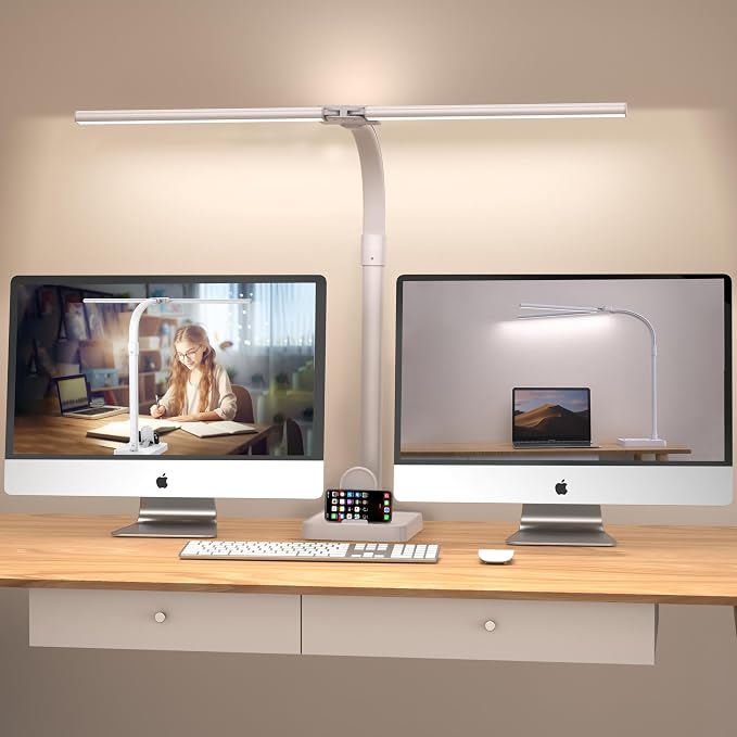 Double Head LED Desk Lamp, Architect Desk Lamps for Home Office, 24W Brightest Workbench Office Lighting-5 Color Modes and 5 Dimmable Eye Protection Modern Desk Lamp (White-Desktop, Big)