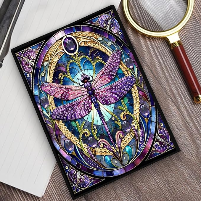 FRANDEK Pearl Painting Notebook Kit, Purple Dragonfly A5 DIY Journal with 50 Blank Pages, Diamond Gem Art Cover with Waterproof Canvas, Beginner Craft Set with Full Tools for Adults