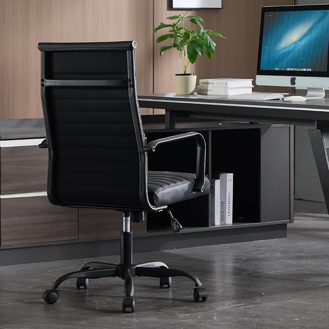 Office Chair, Ergonomic Executive Conference Room Chairs, Ribbed Leather Desk Chair with Lumbar Support, Adjustable Height Mid-Back Swivel Chair with Padded Seat