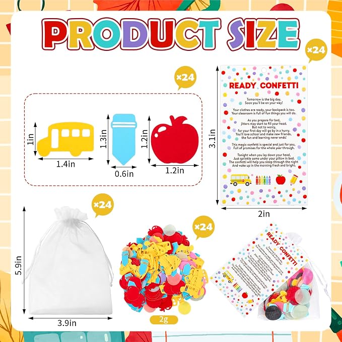 Whaline 24 Sets Back to School Ready Confetti Kits Celebration Confetti with Paper Cards Organza Bags for First Day of School Classroom Party Favors Supplies Table Decor
