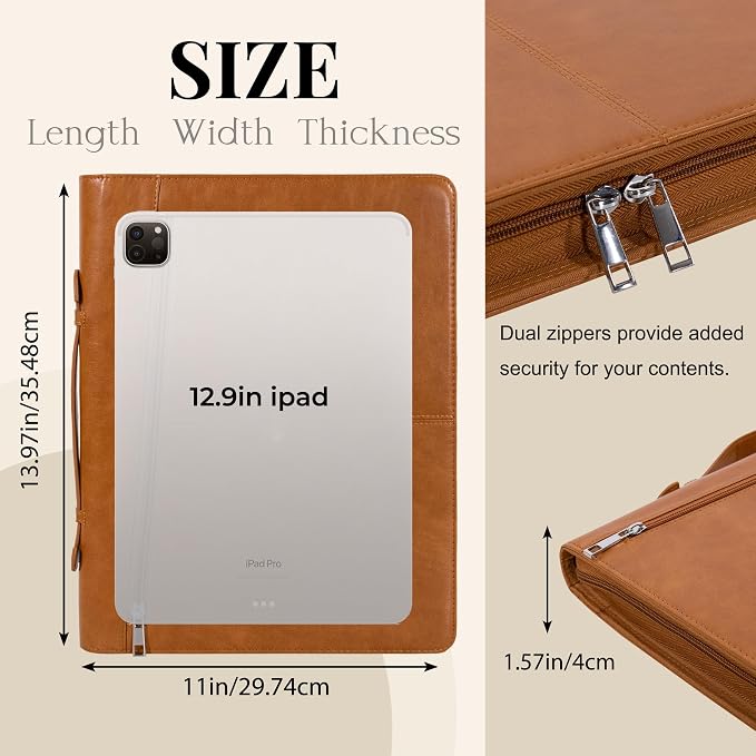 Calfinder Personalized Portfolio for Women&Men, Free Name Engrave,Customized Leather Padfolio, Business Portfolio with Zipper and Handle for Ipad, Document