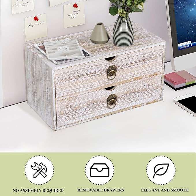 Wood Desk Organizer, Vintage Brown Wooden Desktop Organizer with Drawer, Tabletop Storage Organization Box for Countertop, Home Office Supplies, Bills, 13.3 x 6.5 x 7 Inches(2 Drawer)