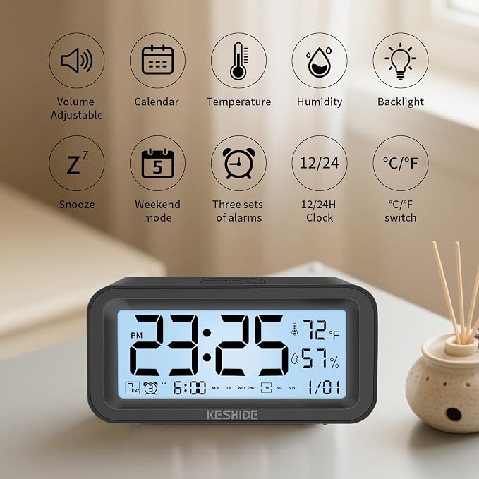 Night Light Digital Alarm Clock Battery Operated with Indoor Temperature Humidity, Desk Small Clock,Snooze Model,12/24H Display for Bedrooms Heavy Sleepers Kids Travel Bathroom (Black)