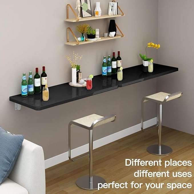 Folding Wall Table - Mounted Drop Down Table Suitable for Office, Study, Bedroom, Kitchen, Dining Room, Laundry and Other Places - Black 31.5"D x 11.8"W