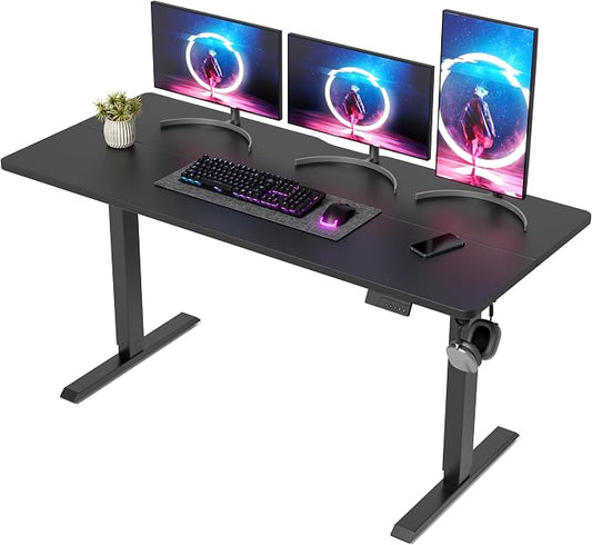 DESINO Standing Desk, 63 × 28 Inches Electric Height Adjustable, Sit and Stand Up, Computer Office Desk with Splice Board, Black Frame/Black TOP