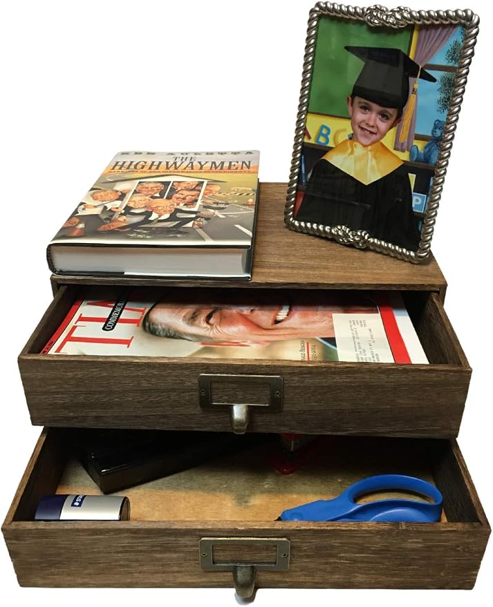 Wallniture Home Office Desk Organizer - Wooden 2 Drawer Under Monitor Stand - Printer Platform - Paper Holder Walnut
