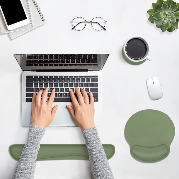 Britimes Green Ergonomic Mouse Pad Set with Wrist Rest Non-Slip Rubber Base Wrist Cushion Support and Coasters Mousepad with Wrist Support for Computer Keyboard and Desk