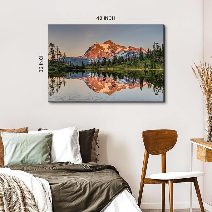 Nature Mountain Scenery Canvas Wall Art Home Decorations Mount Baker Washington Landscape Picture Wall Decor Sunset Forest River Panoramic Painting for Modern Living Room Bedroom Framed Artwork 32x48"