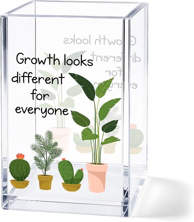 Acrylic Pen Holder Cup, Growth Looks Different for Everyone Desk Decor, Inspirational Pencil Holder Organizer, Motivational Gift for Coworker Friend Women