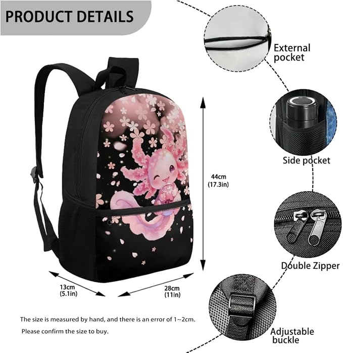 WELLFLYHOM 17 Inch Axolotl School Backpack for Kids Girls, Cherry Blossom 4PCS Set Pink Elementary Bookbag with Lunch Box for 6-11 Years, Back to School Supplies