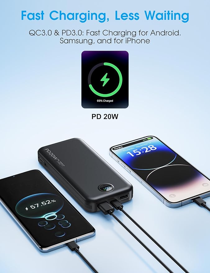 citicr Portable Charger 10000mAh PD20W w/Built-in Cables & Wall Plug Black | Fast charging, Built-in wall plug, LED display, Charge 5 devices at once, Pass through charging, TSA approved, Pocket size
